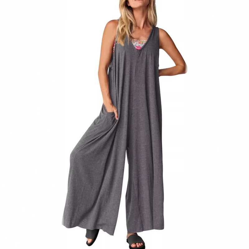 Women's Casual V-Neck Sleeveless Wide Leg Jumpsuit