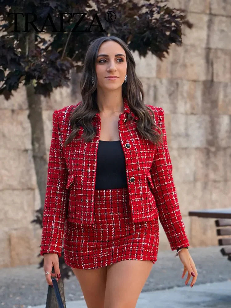 🎅Xmas Sales - 50% OFF🎄Warm Plaid Blazer and High-Waisted Skort 2 PCS Set