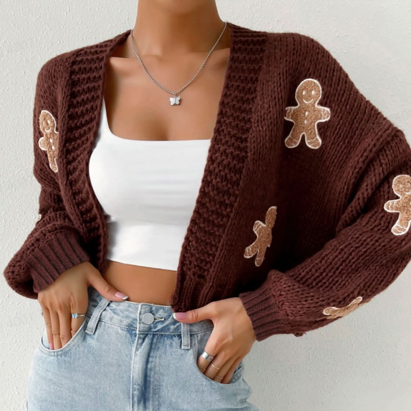 Women's Cartoon Print Drop Shoulder Crop Sweater Cardigan