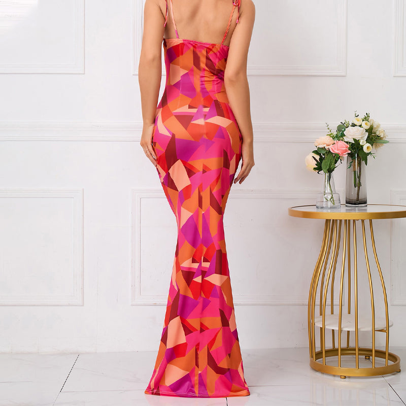 Fishtail Hem Floral Print Prom Dresses