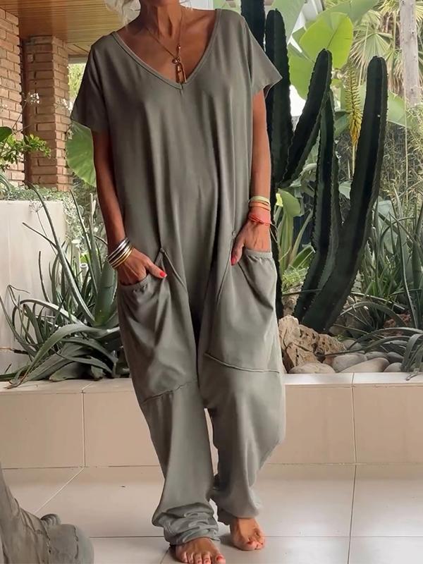 🔥Hot Sale 49% OFF - Casual V-neck Solid Color Jumpsuit