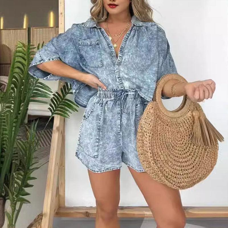 🌷LIMITED TIME OFFER 50% OFF🌷Women's Summer Denim Shirt Two Piece Set