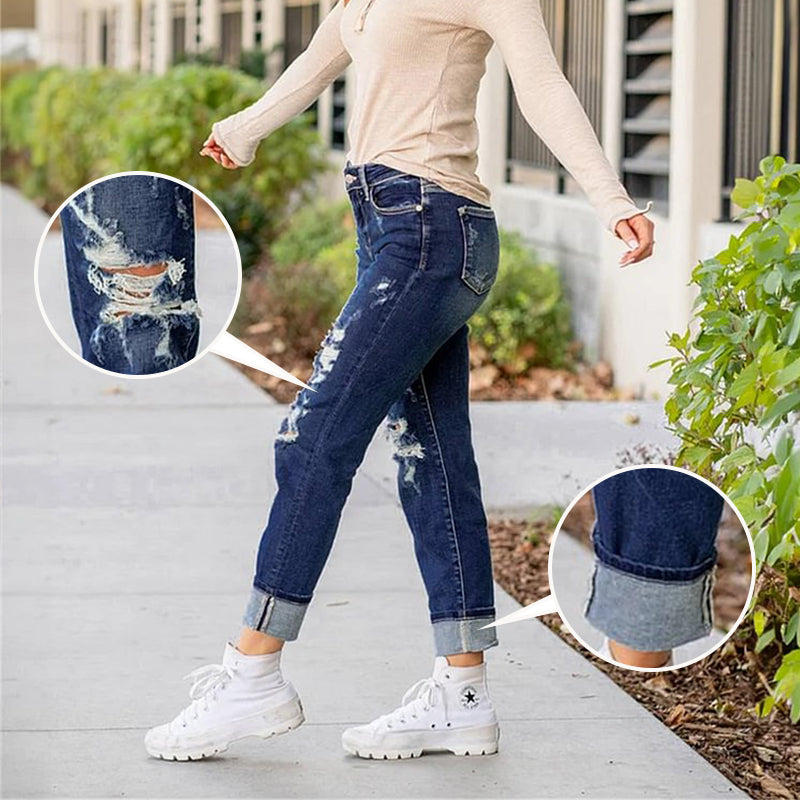 🔥HOT Sale🔥Women's Tummy Control Distressed Cuffed Boyfriend Jeans