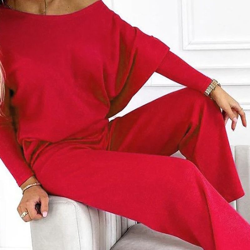 Women's Solid Color Drop Shoulder Pullover and Loose Pants Set