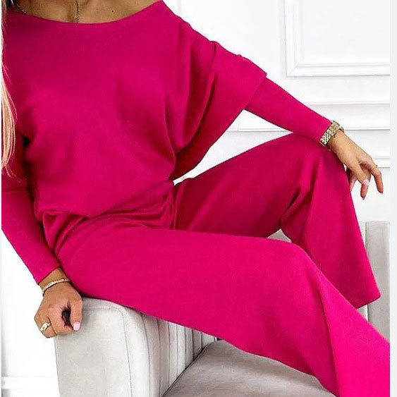 Women's Solid Color Drop Shoulder Pullover and Loose Pants Set