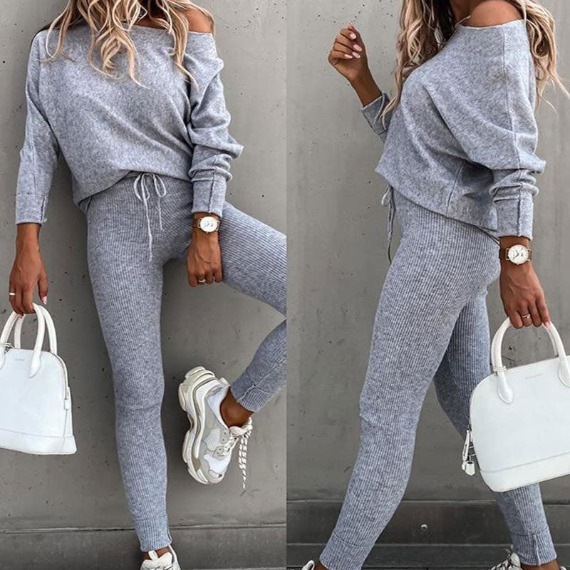 Off-Shoulder Long Sleeve Top with Drawstring Pants Set