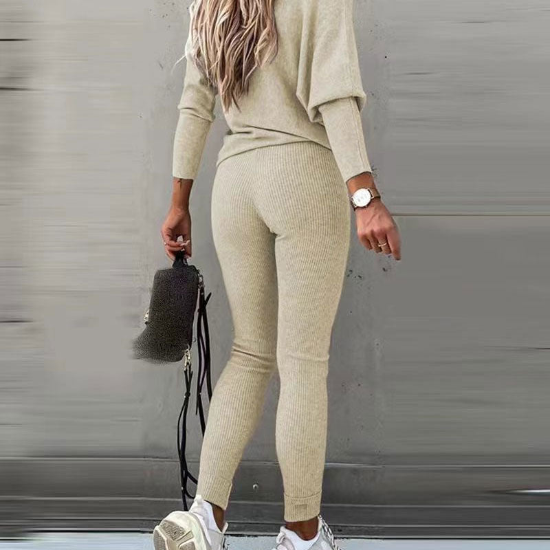 Off-Shoulder Long Sleeve Top with Drawstring Pants Set