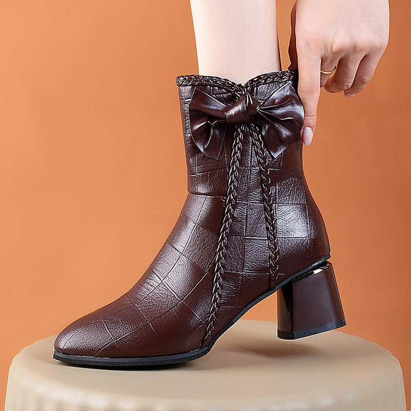 Nice gift*Women's Thick Heel Leather Bow Boots