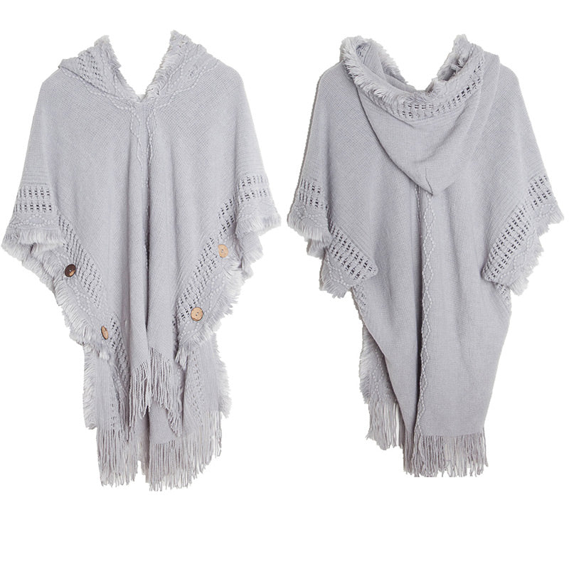 Women’s Elegant Hooded Knit Poncho Sweater with Fringe Trim