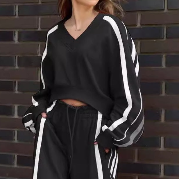 V-Neck Sweatshirt & Wide-Leg Pants 2-Piece Set