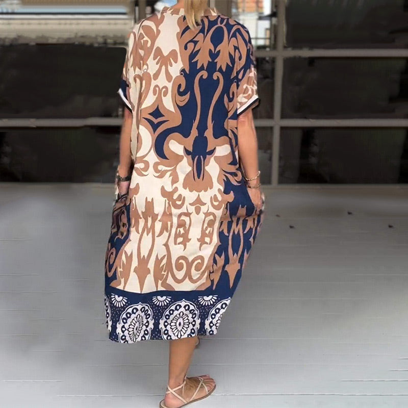 Printed V Neck Loose Midi Dress