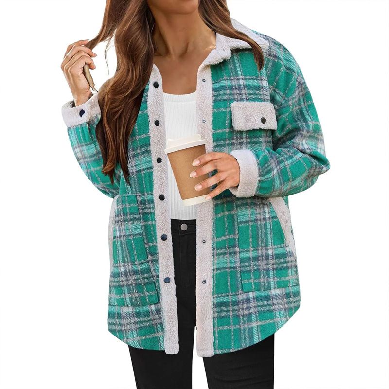 Women’s Casual Sherpa Plaid Long-sleeve Button-down Coat