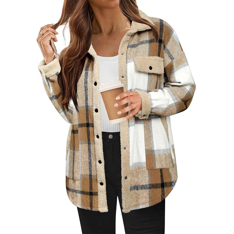 Women’s Casual Sherpa Plaid Long-sleeve Button-down Coat