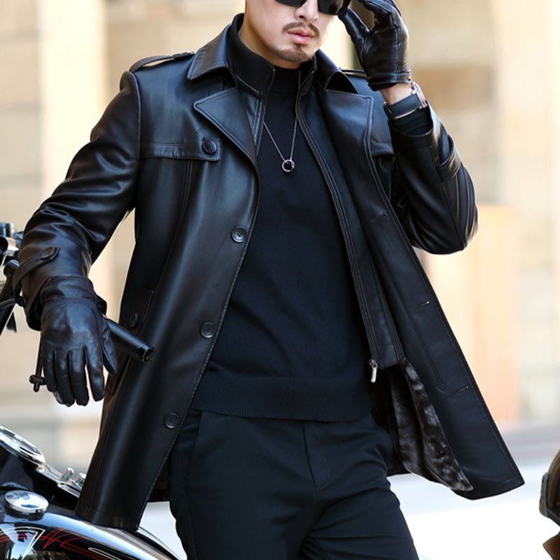 Men's PU Leather Double-Breasted Trench Coat