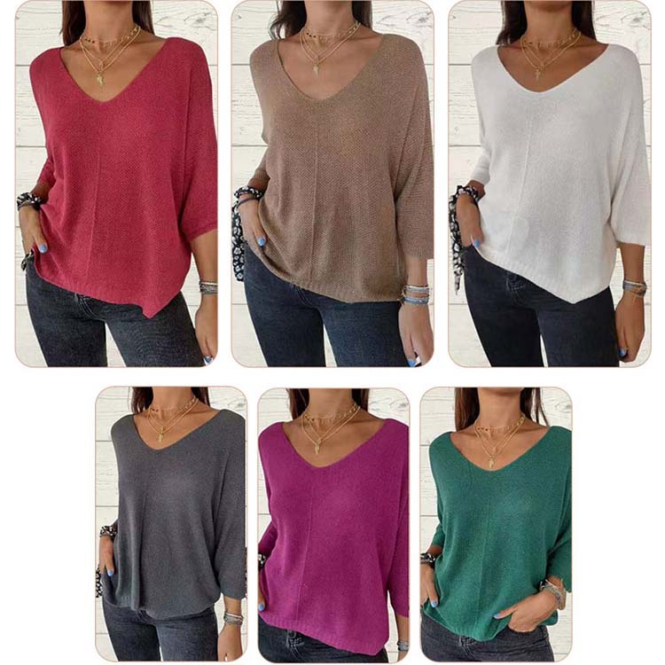 Women's Batwing Sleeve Solid Color V-Neck Knit Top