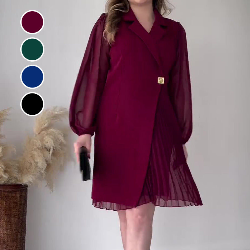 🎅Early Xmas Sales - 50% OFF🎄Lapel Solid Color Ruffle Hem Dress