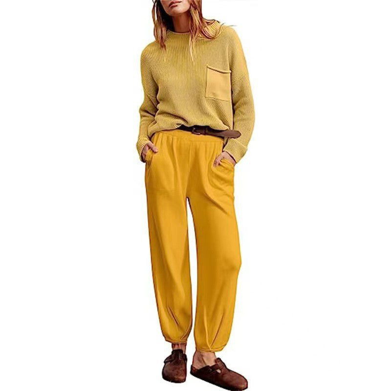 Solid Color Knitted Top with a Pocket and Pants Set