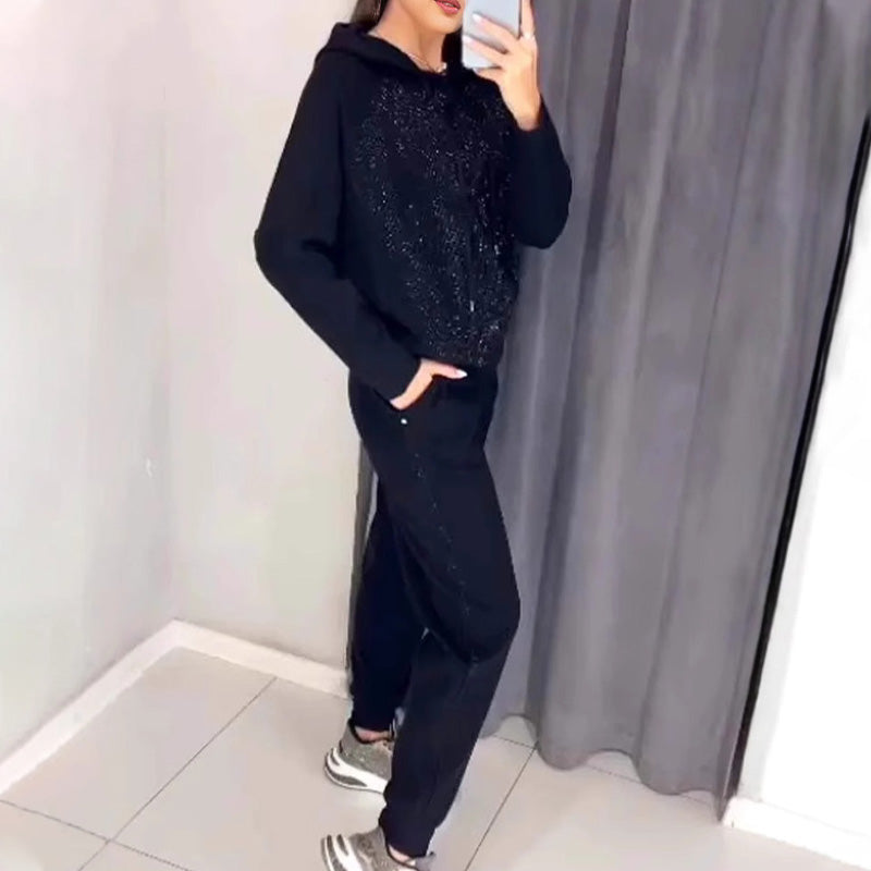 Women's Glitter Rhinestone Sweatshirt & Casual Pants 2 Piece Set