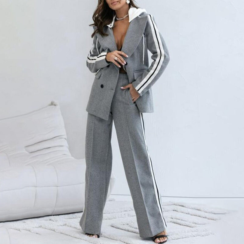 Women’s Casual Gray Blazer Top & Wide-Leg Pants 2-Piece Set