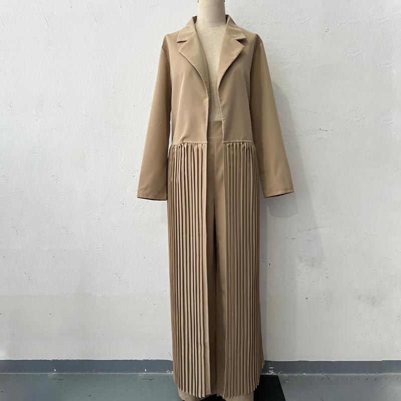 Women’s Chic Notched Lapel Pleated Bottom Maxi Trench Coat And Wide-leg Pants Set