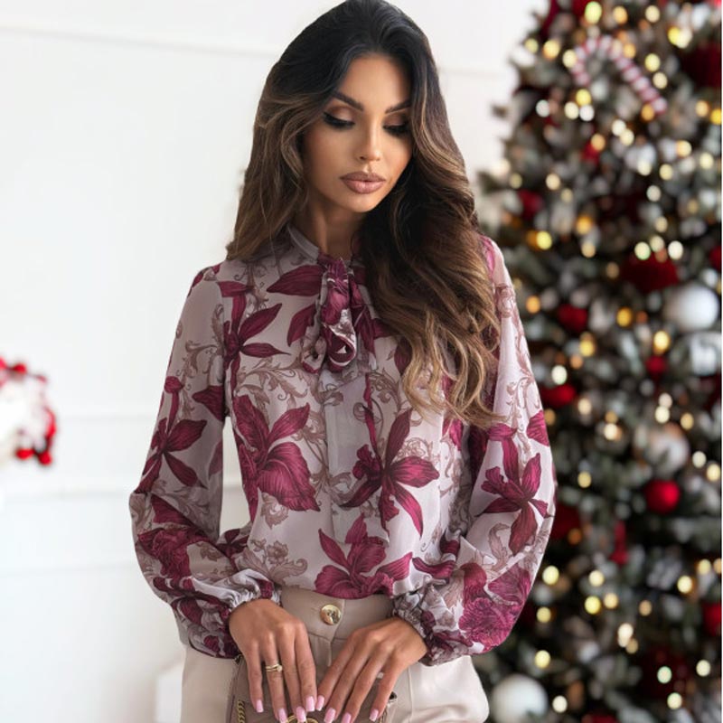 Women's Fashionable Printed Bow Collar Chiffon Long-sleeved Shirt