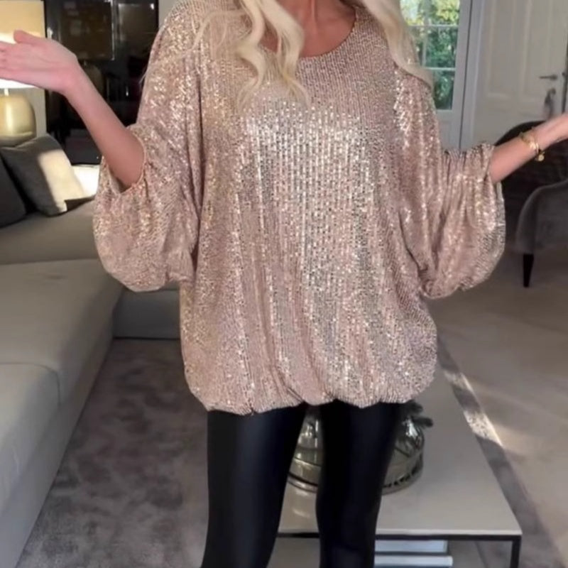 Round Neck Sequin Long Sleeve Loose Top