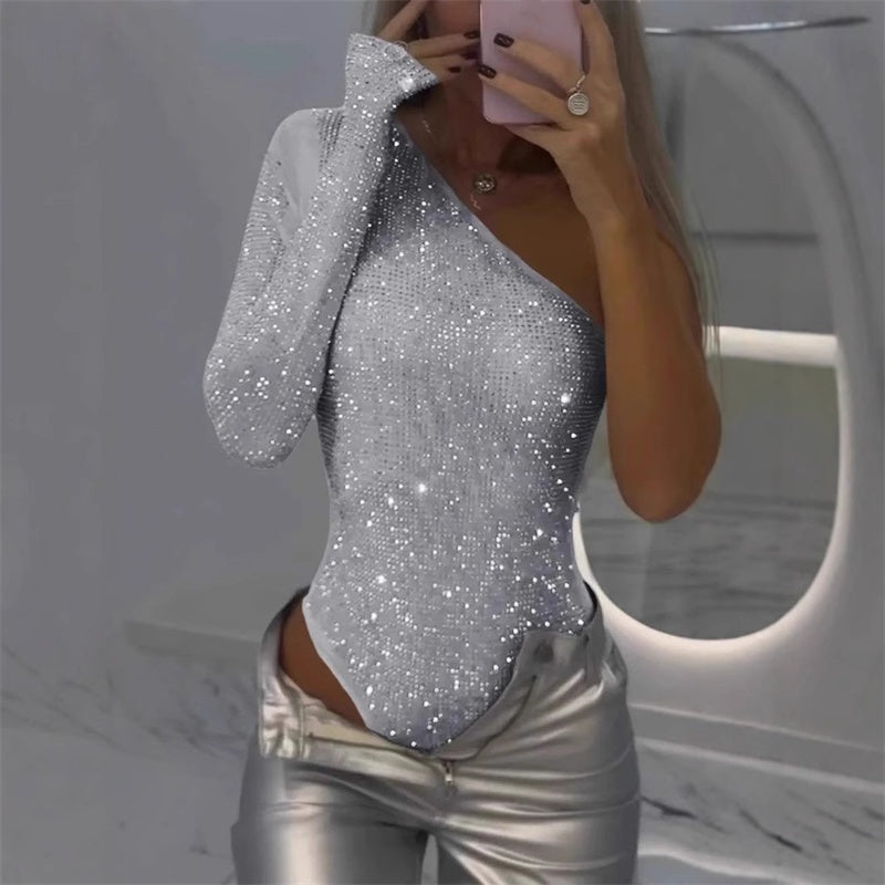 Women's One Shoulder Sequin Bodysuit