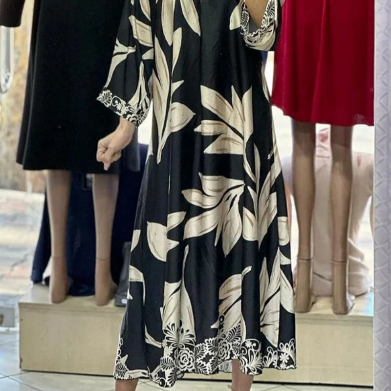 Women's V-Neck Printed Loose Long Sleeve Dresses