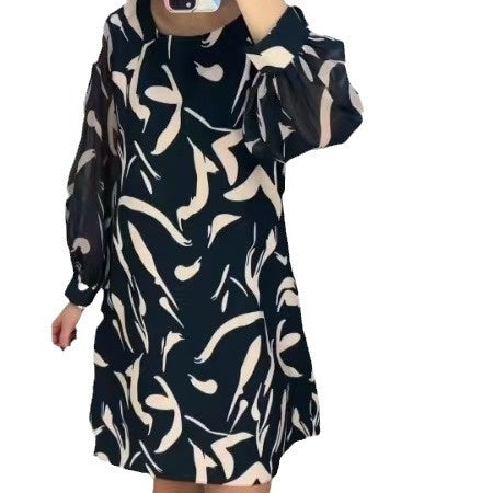 Women's Loose Print Round Neck Long-Sleeve Dress