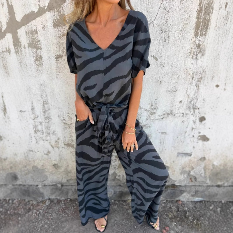 Women's Zebra Print V-Neck Top & Pants Two-Piece Set