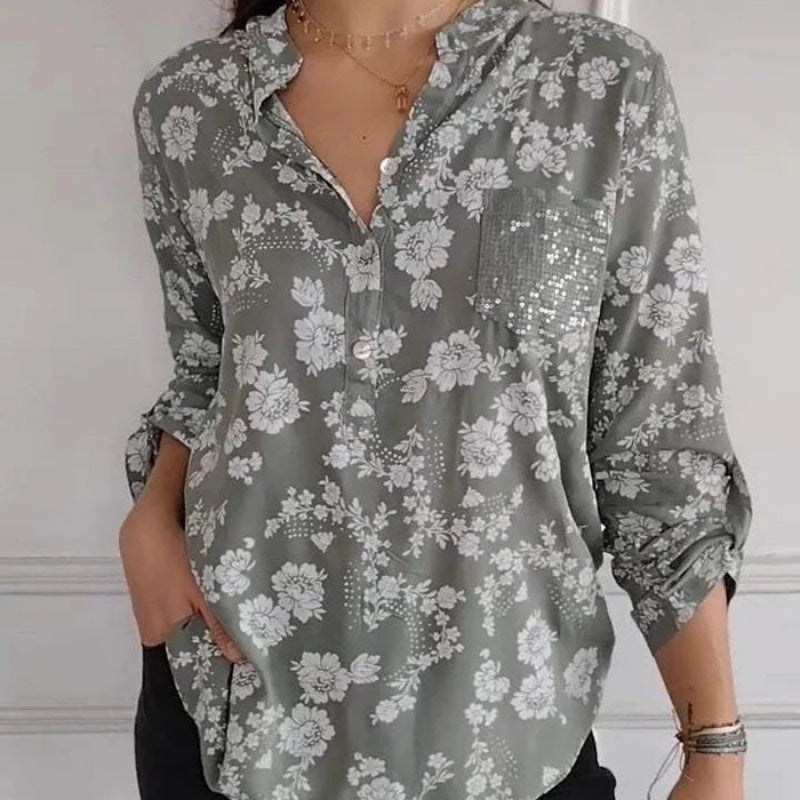 🌸Spring Specials🌸 Women's Floral Print Long Sleeve Blouse with Sequin Pocket