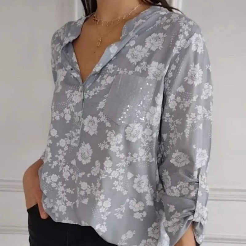 🌸Spring Specials🌸 Women's Floral Print Long Sleeve Blouse with Sequin Pocket