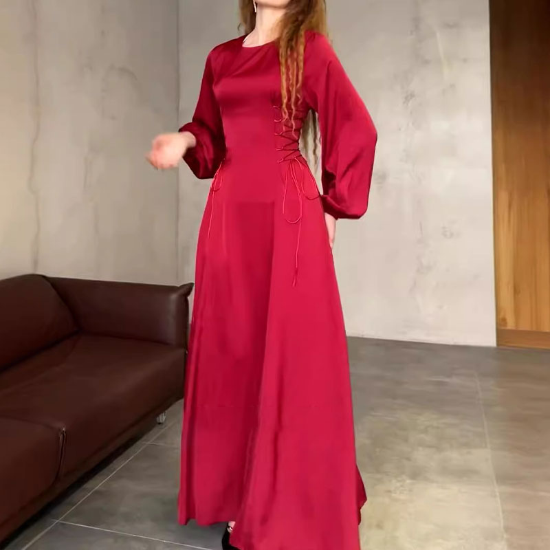 Women's Side-Tie Waist Puff-Sleeve Maxi Dress