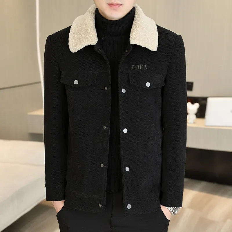 Men's Fashion Lapel Solid Color Button Thickened Jacket