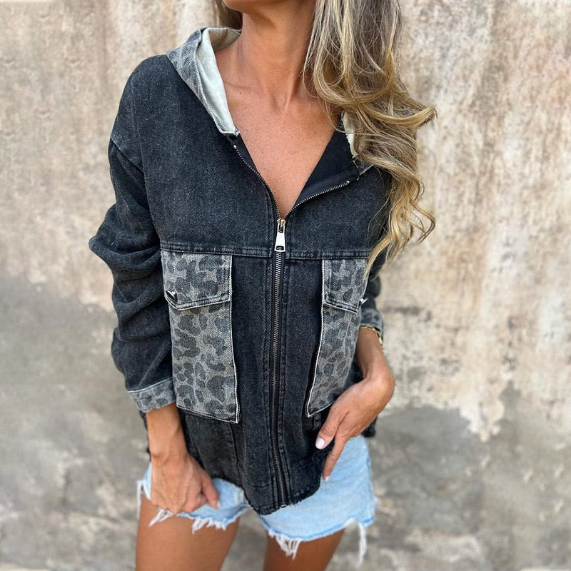 Women's Hooded Zip-Up Denim Jacket with Leopard Print