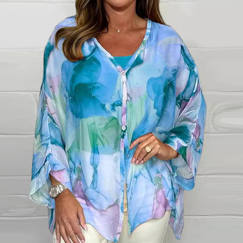 Women’s Unique Printed Long-Sleeve V-Neck Loose Shirt