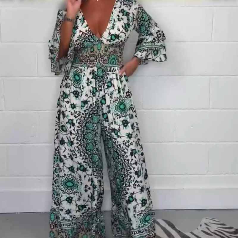 Women's V-Neck Featured Printed Jumpsuit