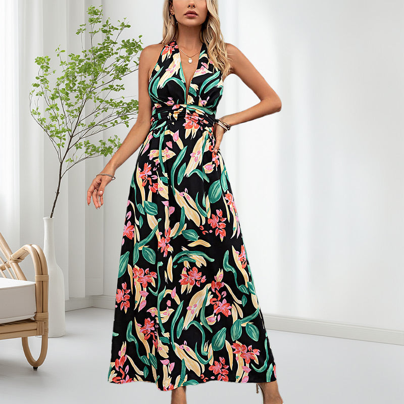 Women's Boho Floral Strap V Neck Halter Dress