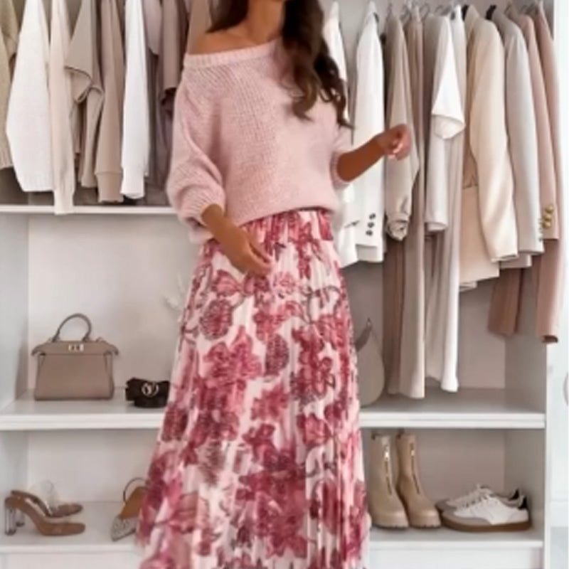 Crew Neck Top & Printed Belted Skirt Set