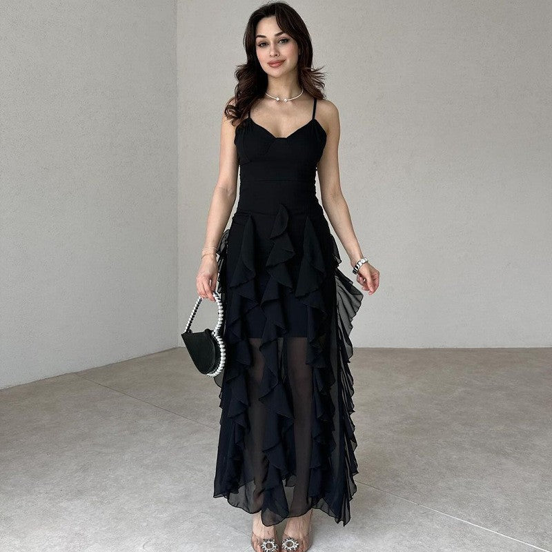 Women's Elegant Spaghetti Strap Ruffle Layered Maxi Dress