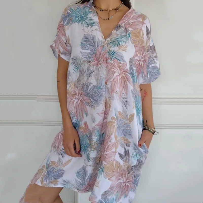 Women’s V-Neck Short Sleeves Floral Print Dress